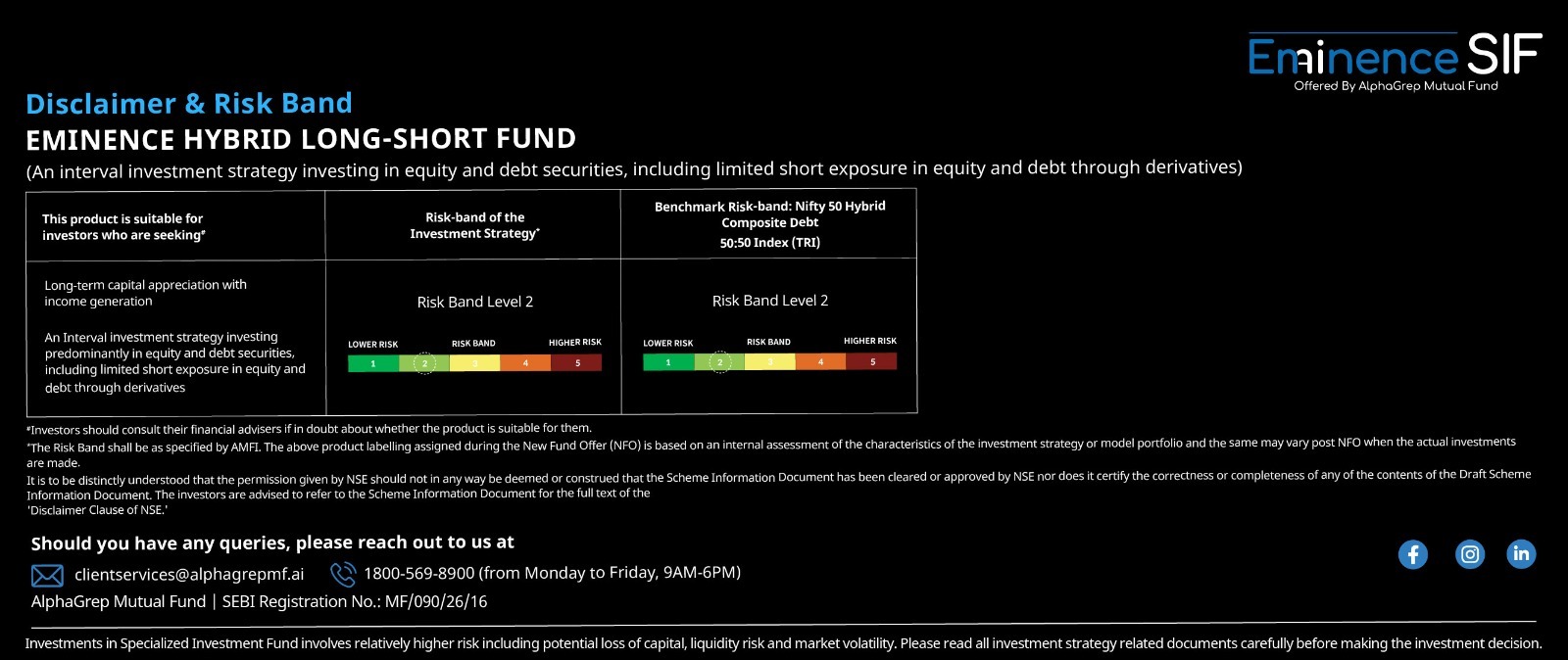 Disclaimer and Risk Band - Eminence Hybrid Long-Short Fund, an interval investment strategy investing in equity and debt securities including limited short exposure through derivatives. Risk Band Level 2. AlphaGrep Mutual Fund, SEBI Registration No. MF/090/26/16.